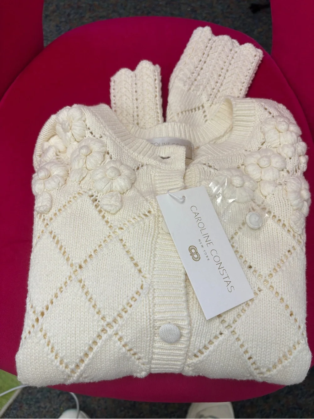 New Caroline Constas Cream Floral Knit Button-Up Women's Sweater Cardigan small - Picture 6 of 15
